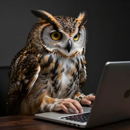 owl with arms using a laptop to scroll the web