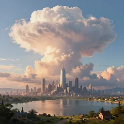 scifi concept art of a futuristic city near to a big lake by greg rutkowski, cumulonimbus clouths, sunset, nostalgic, very very very beautiful art, cinematic lighting, bright pastel color, blue sky