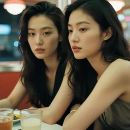 movie interior closeup beautiful Chinese fashion model couple closeup sitting at 50s diner, night in the city, beautiful skin, by Emmanuel Lubezki
