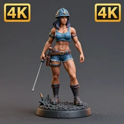 80mm resin detailed miniature of a very Muscular miner woman tops helmet stomach navel boots Logo textured base Product Introduction Photos 4K