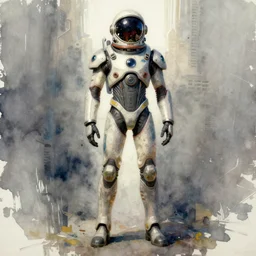 male, full body, wide shot, modern space suit, intriguing helmet, very stylized character design, the expanse tv series, large shoulders, short torso, long thin legs, tiny feet, science fiction, hyperdetailed, technical suit, dieselpunk, watercolor digital painting, in the style of bruce timm, by alex maleev