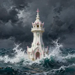 a delicate ornate white fantasy tower with pink and green decoration splashes upwards from a turbulent stormy ocean. big splash of water. dramatic lighting, rich colors, beautiful painting by rhads and artgerm
