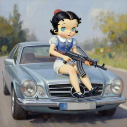 betty la fea riding a mercedes benz with a ak 4 7 oil painting