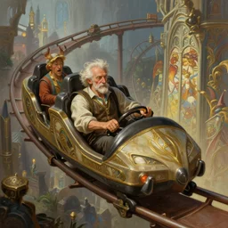 old man playing rollercoaster tycoon, deep focus, d & d, fantasy, intricate, elegant, highly detailed, digital painting, artstation, concept art, matte, sharp focus, illustration, hearthstone, art by artgerm and greg rutkowski and alphonse mucha