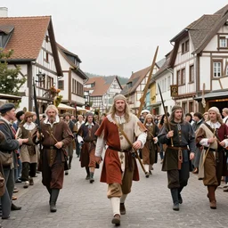 realistic photo of a german medieval village carnival celebration 1 9 6 0, life magazine photo, natural colors, metropolitan museum, kodak, 8 k, very detailed, high resolution, product photo,