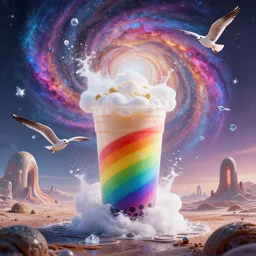 Behold - rainbow boba!, And the flung spray and the blown spume and the seagulls crying!!!!, An Odyssey Beyond Reality, cinematic, hyper realism, high detail, octane render, unreal engine, 8k, vibrant color, from the spirals of galaxies to the hexagonal shapes of snow crystals!!, a desolate alien world full of rich colors!!!, unique architecture, by andrea chiampo and chet zar