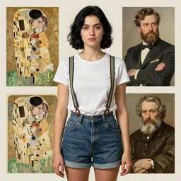 a woman with medium short black hair in shorts with suspenders and white t-shirt drawn by gustave caillebotte, norman rockwell, frank frazetta, peter paul rubens, alphonse mucha, gustav klimt 4k, unreal 5, DAZ, french noveau, trending on artstation, octane render, hyperrealistic