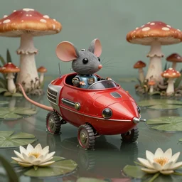adventurer ( ( ( ( ( 1 9 5 0 s retro future robot mouse amphibious vehical home. muted colors. swamp mushrooms. water lilies ) ) ) ) ) by jean baptiste monge!!!!!!!!!!!!!!!!!!!!!!!!! chrome red