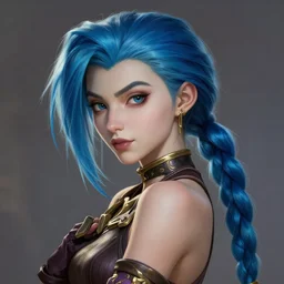 a League of Legends FAN ART Portrait of JINX, blue hair, long pigtail, intricate, elegant, highly detailed, digital painting, concept art, smooth, sharp focus, illustration, by Laurie Greasley,Lawrence Alma-Tadema,Dan Mumford,artstation,deviantart,Unreal Engine,face enhance,8K,golden ratio,cinematic lighting