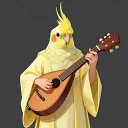 cockatiel bard, yellow robe, playing a mandolin, digital art, d & d, character art, trending on artstation