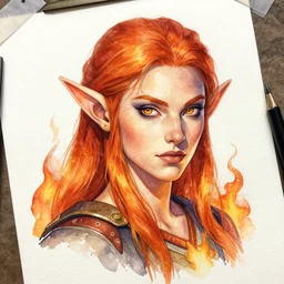 water color art on paper, fire elf portrait, highly detailed, award - winning artstation, masterpiece