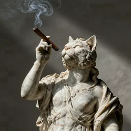 cat looking up smoking a cigar in a neoclassical statue style
