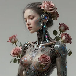 portrait of a seductive female with roses, cyberpunk cyborg. roses, muted colors, sci - fi, intricate abstract upper body intricate artwork, by tooth wu, wlop, beeple, dan mumford. concept art, octane render, deviantart, greg rutkowski, cinematic arthouse, key art, hyper realism, iridescent accents