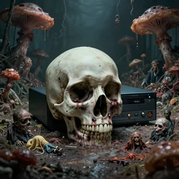 concept for cranial top loading vhs player for cranium in lifeless apartment fungal & filthy with impobables alberto bontempi, shigeru komatsuzaki, wayne d barlowe, alex ross, enric torres, simon bisley & boris vallejo, hyper realism, cinematical, narrative light, muted colors, epic, hyper detailed, awe inspiring, award winning horror