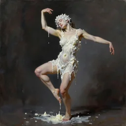 Beautiful portrait of dancing woman with closed eyes covered with melted white candle wax by Nicola Samori, dramatic volumetric lighting, full body portrait, highly detailed oil painting, trending on artstation, 4k, masterpiece