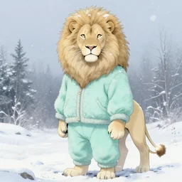 the albino male furry anthro lion is standing in a winter scene, wearing a mint colored, cozy, soft pastel winter outfit. the winter atmosphere is very tranquil and serene. the lion has a peaceful look on its face, and the snow is gently falling all around him. character design by charlie bowater, ross tran, artgerm, and makoto shinkai, detailed, inked, western comic book art, 2 0 2 1 award winning painting