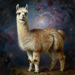 detailed baroque portrait of a llama with dreadlocks, realistic creature concept, heroic pose, space nebula in background, Ilya Repin oil painting, by chriss foss, 4k, artstation