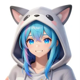 gawr gura, 1 girl, virtual youtuber, hood, animal hood, multicolored hair, solo, blue eyes, sharp teeth, teeth, white background, safe