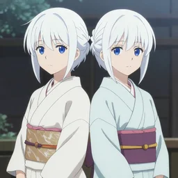 An ultradetailed full body portrait of two Japanese girls with white short hair, dress in Yukata, dark blue eyes, symmetrical facial features, digital art, cel shading, dreamy and ethereal, by Shinkai Makoto ,Kyoto Animation, anime illustration, trending on Pixiv.