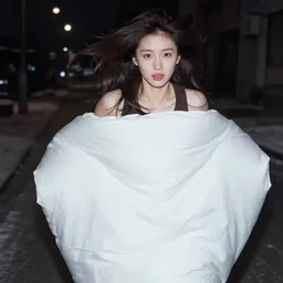 beautiful woman 3 6 years old in one white bedsheet ( bedding sets ) runs along a dark street in winter, close - up portrait, dark background, post - processing, sexuell