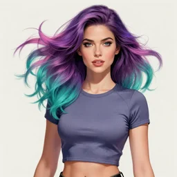 a award winning half body porttrait of a beautiful woman in a croptop with ombre purple pink teal hairstyle with head in motion and hair flying by marvel comics and sandra chevrier, outrun, vaporware, illustration, digital art, trending on artstation, highly detailed, fine detail, intricate