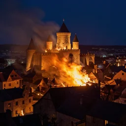 medieval city on fire at night