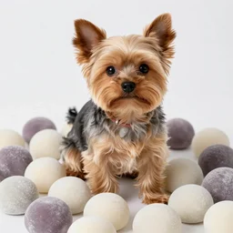 yorkiepoo sitting in a pile of mochi, realistic, hd