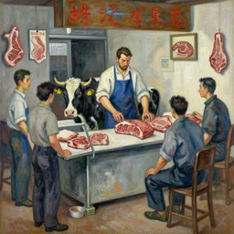 a butcher shop, a cow is the butcher, the humans are the meat, painting, expressionist