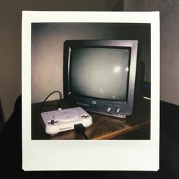 a polaroid photo of a crt tv with a playstation 1 plugged into it