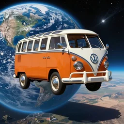 vintage volkswagen bus flying through space, earth in the background, vibrant colors, by anato finnstark, space