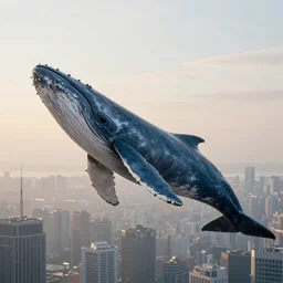 a huge blue whale is swimming in mid air near a skyscraper, epic, cinematic shot, soft light, golden hour, soft color, artstation, atmosphere, high definition