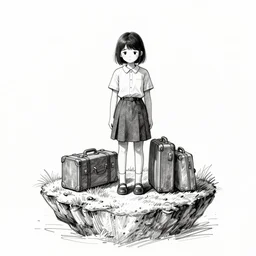 a sad girl stands on an island with suitcases, pen sketch