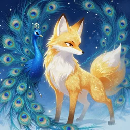 dreamy portrait from an anime of an ethereal colorful blue starry fox peacock character with giant golden demonic fangs, wearing star filled mage robes, sitting in an illuminated observatory at night, art by yuji ikehata, background art by miyazaki and art guidance from the last unicorn company rankin bass, realism, detailed, proper human proportions, fully clothed