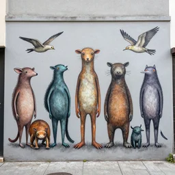 by emma geary, by michael sowa. a beautiful street art of a group of creatures that looks like a mix of different animals. most of the creatures have human - like features, such as arms & legs, & some are standing upright while others are crawling or flying.