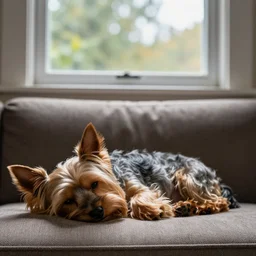 a photograph of an old yorkish terrier sleeping on a couch below a window