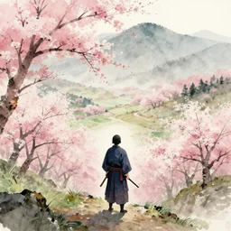 A lone samurai watching over a valley of cherry blossom trees, water color painting, concept art, HD