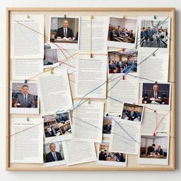 a conspiracy theorist's bulletin board, notes and photos connected hapazardly by colored strings of yarn intricate, detailed, photo realistic