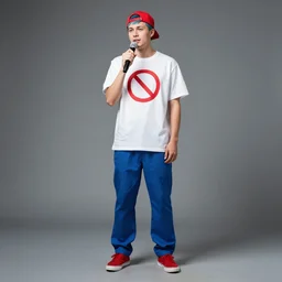 a full body shot of an average white, short young - adult man with blue dyed hair holding a microphone, wearing a red backwards cap, white t - shirt with a red no symbol on it, blue long pants and red shoes, photoshoot, grey background