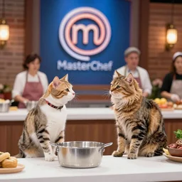 anthropomorphic cats competing at masterchef TV show, studio shot