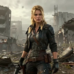 fallout 5, charismatic beautiful rugged blonde female protagonist, portrait, outdoors ruined cityscape, atmospheric lighting, painted, intricate, volumetric lighting, beautiful, foggy, daytime, slight overcast weather, sharp focus, deep colours, ultra detailed, by leesha hannigan, ross tran, thierry doizon, kai carpenter, ignacio fernandez rios