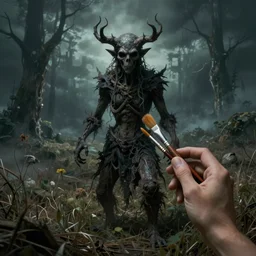 golem, field, mystery, matte painting, brushes