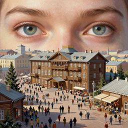russian city, bright future, social realism, view from the eyes, soviet cyberpunk, wooden architecture, lots of people, holiday, highly detailed, digital painting, artstation, concept art, matte, sharp focus, illustration, art by artgerm and greg rutkowski and alphonse mucha