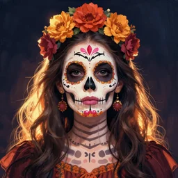 Illustration of a sugar skull day of the dead girl, art by wes anderson