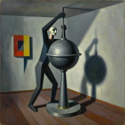 melancholic complex suprematism painting of mechanic formed figure working on an sphere machine in height by malevich, throwing hard long shadows in complex construct room by oskar schlemmer, edward hopper vibe, liminal space, oil on canvas