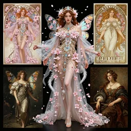 Character concept and fashion spot illustrations from the Final Fantasy and Disney's Mulan mashup, fashion inspired by cherry blossom petals and butterfly wings, full-body, bloom, dynamic poses, diaphanous cloth, intricate crystalline and feather jewelry, ornate, filigree, arcane, cinematic lighting, by Alphonse Mucha, by James Gurney, by Bouguereau, by Rubens, fantasy, portfolio illustration, highly detailed, trending on Artstation, CGsociety, HQ, 8k, 35mm lens, f2.8, Bokeh,
