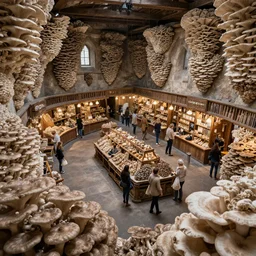 a large medieval marketplace built inside a huge colony of shelf mushrooms
