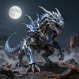 snarling dragonborn with silver and blue color scheme standing in a smoking crater, biomechanical, highly detailed, intricate, full body single character, centered, moonlit night, good value control, high contrast, cinematic, illustration, concept art