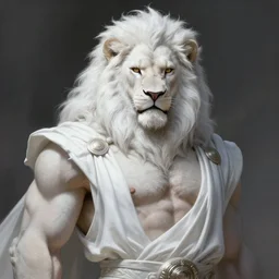 painted portrait of rugged anthro furry albino lion as a god of thunder, greek god, white fur, masculine, powerful, handsome, upper body, white robe, muscular, hairy torso, fantasy, intricate, elegant, highly detailed, digital painting, artstation, concept art, smooth, sharp focus, illustration, art by gaston bussiere and magali villeneuve