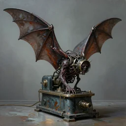 thick oil painted machine powered by bat wings by basil gogos, philippe druillet, fine art masterpiece baked at 3 0 0 f, matte painting, cold lighting, aged with sunlight, award winning horror, photorealistic render, cinematic