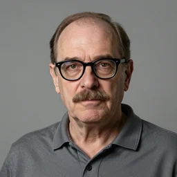 Middle aged Napoleon Dynamite with a receding hairline and mustache with thick rimmed black glasses wearing a polo shirt, portait, photograph, photo, realistic, hyperrealistic, highly realistic, detailed, very detailed, highly detailed, HD quality, 4k resolution, 8k resolution